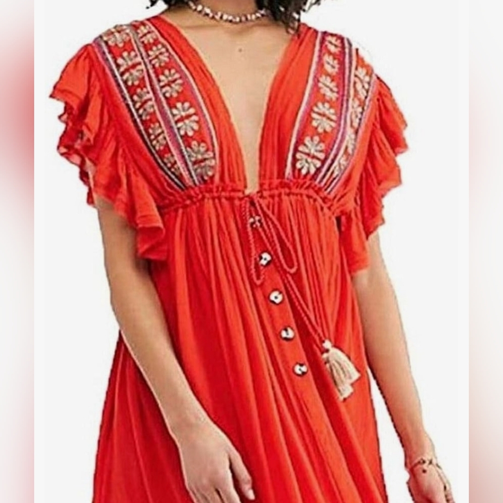 ❤️ FREE PEOPLE WILL WAIT FOR YOU EMBROIDERED BOHO MIDI DRESS, MEDIUM - Picture 6 of 15